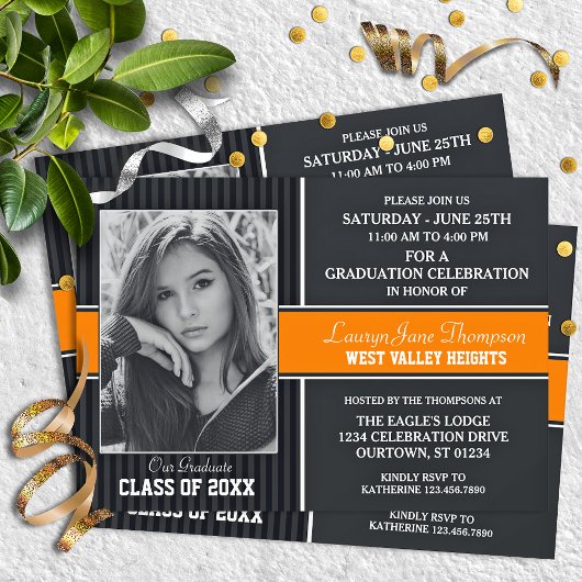 Invitation Black|Orange Photo Graduation Annonces