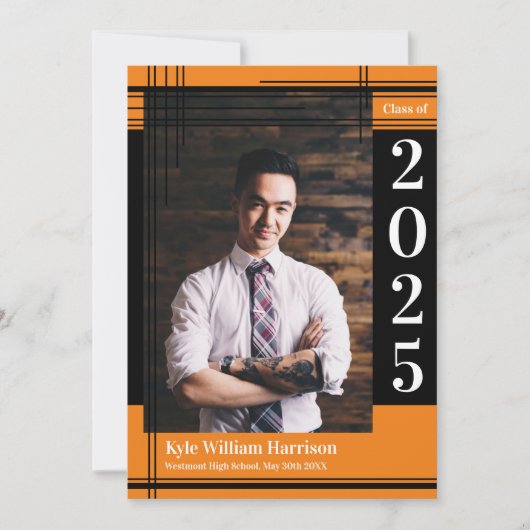 Invitation Black Orange School Couleur Graduation Photo Plaid (Devant)