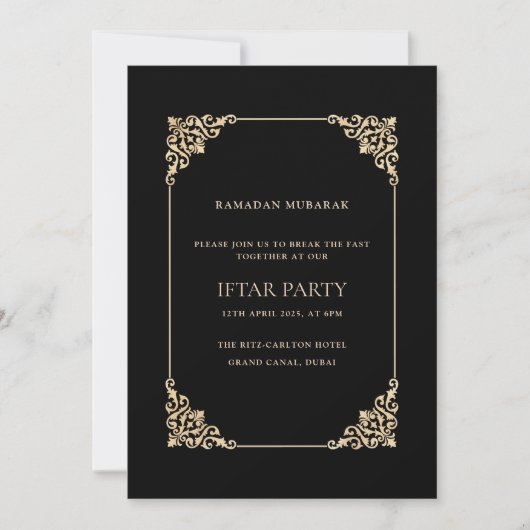 Invitation Black Ornate Baroque Gold Script Iftar Party (Devant)