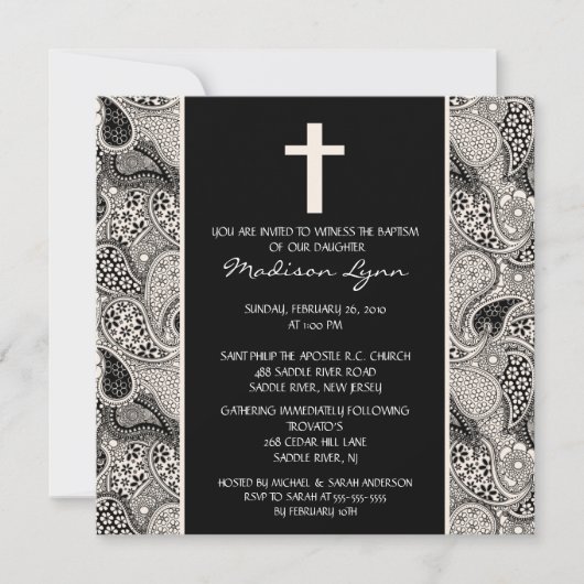 Invitation Black PAISLEY Baby Baptism Inviation (Devant)