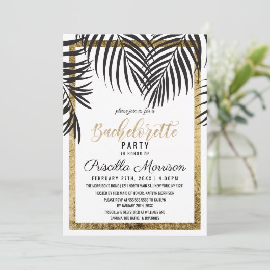 Invitation Black Palm Tree Frances Gold Border Bachelorette (Debout devant)