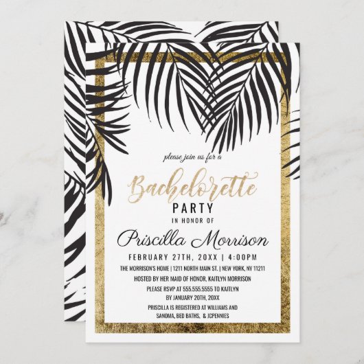 Invitation Black Palm Tree Frances Gold Border Bachelorette (Devant / Derrière)