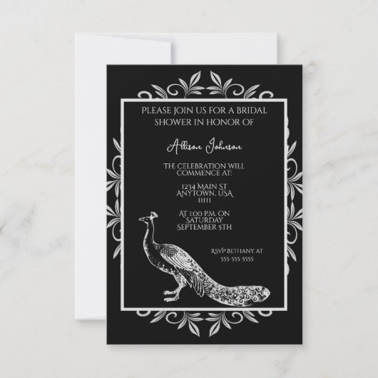 Invitation Black Peacock Flourissant nuptiale douche Invitati (Devant)