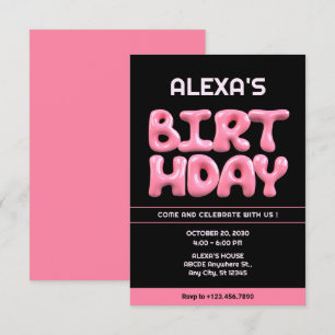 Invitation Black Pink 3d bubble gum anniversaire