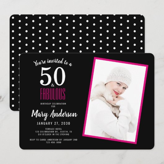 Invitation Black Pink 50 et Fabulous 50th Birthday Party (Devant / Derrière)
