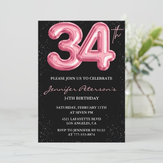 Invitation Black Pink Balloon Glam Parties scintillant 34e an (Debout devant)