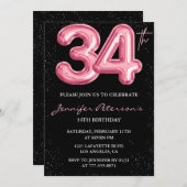 Invitation Black Pink Balloon Glam Parties scintillant 34e an (Devant / Derrière)