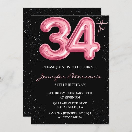 Invitation Black Pink Balloon Glam Parties scintillant 34e an (Devant / Derrière)