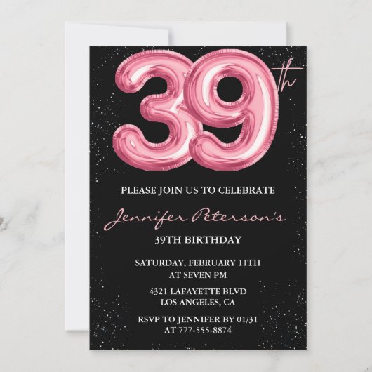 Invitation Black Pink Balloon Glam Parties scintillant 39e an (Devant)