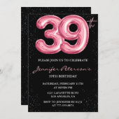 Invitation Black Pink Balloon Glam Parties scintillant 39e an (Devant / Derrière)