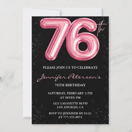 Invitation Black Pink Balloon Glam Parties scintillant 76e an (Devant)