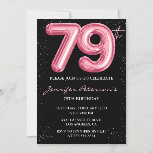 Invitation Black Pink Balloon Glam Parties scintillant 79e an (Devant)