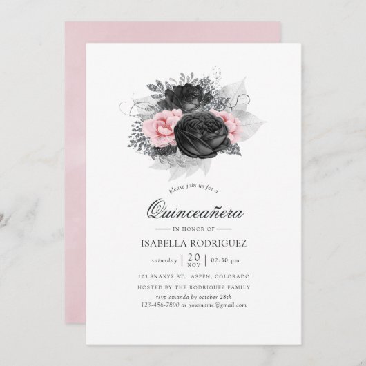 Invitation Black Pink et Silver Roses Vintages Quinceañera (Devant / Derrière)