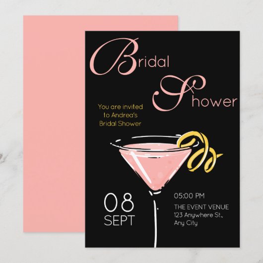 Invitation Black pink fancy cocktail bridal shower (Devant / Derrière)