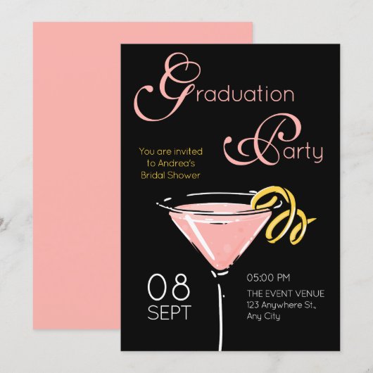 Invitation Black pink fancy cocktail graduation (Devant / Derrière)