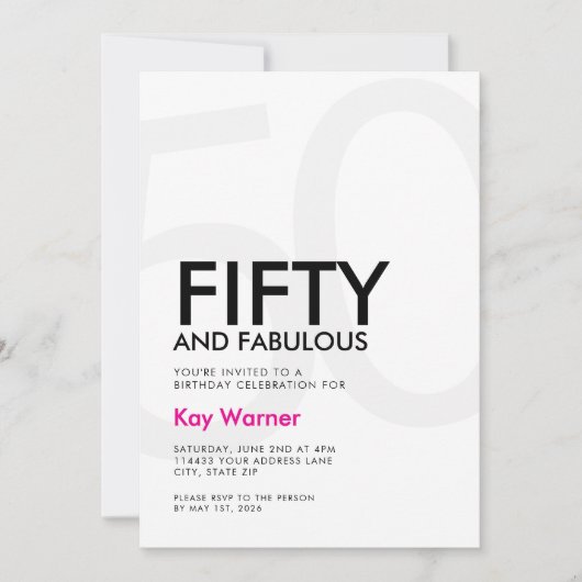 Invitation Black Pink Fifty and Fabulous 50th Birthday (Devant)