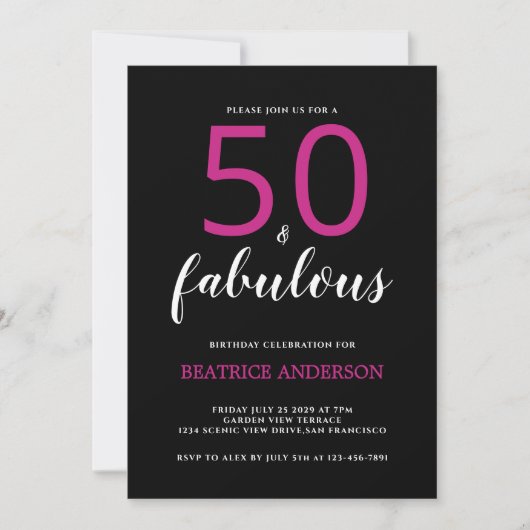 Invitation Black Pink Fifty and Fabulous Fiftieth Birthday (Devant)