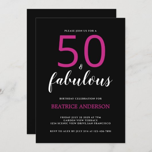 Invitation Black Pink Fifty and Fabulous Fiftieth Birthday (Devant / Derrière)