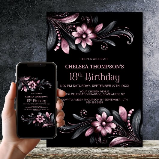 Invitation Black Pink Floral 18th Birthday Party