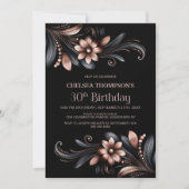 Invitation Black Pink Floral 30th Birthday Party (Devant)
