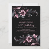 Invitation Black Pink Floral 55th Birthday Party (Devant)