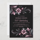 Invitation Black Pink Floral 80th Birthday Party (Devant)
