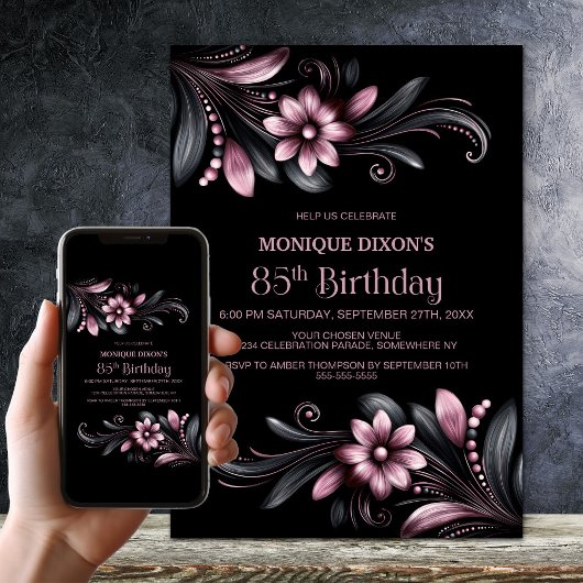 Invitation Black Pink Floral 85th Birthday Party