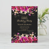 Invitation Black Pink Gold Floral 100e fête d'anniversaire (Debout devant)