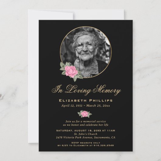 Invitation Black Pink Gold Floral Photo Service Memorial (Devant)