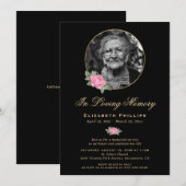 Invitation Black Pink Gold Floral Photo Service Memorial (Devant / Derrière)
