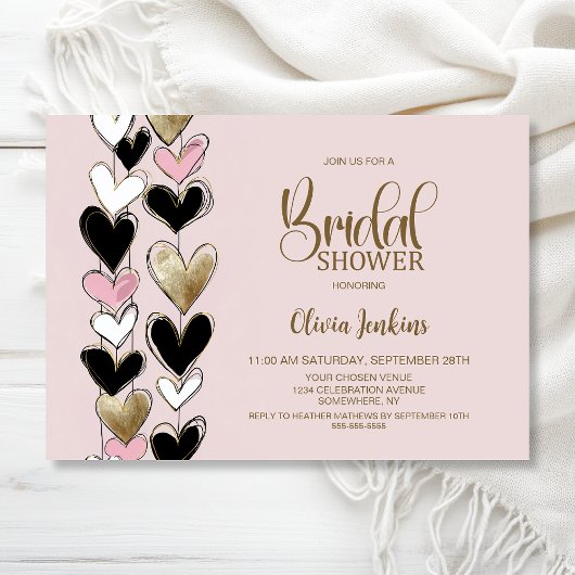 Invitation Black Pink Gold Hearts Bridal Shower