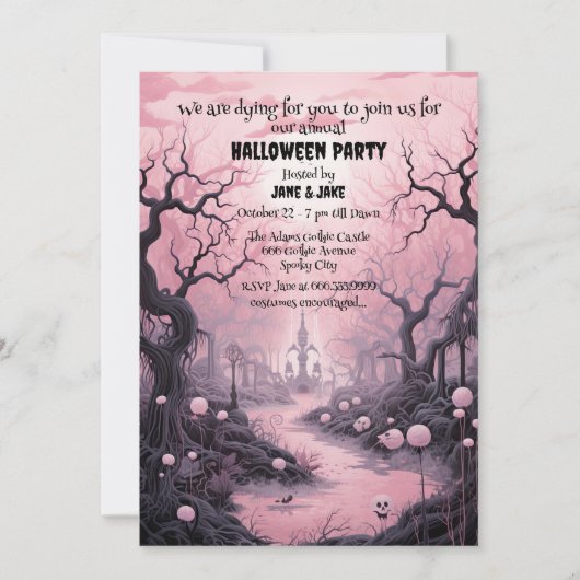 Invitation Black&Pink Pastel Goth Graveyard Halloween Party (Devant)
