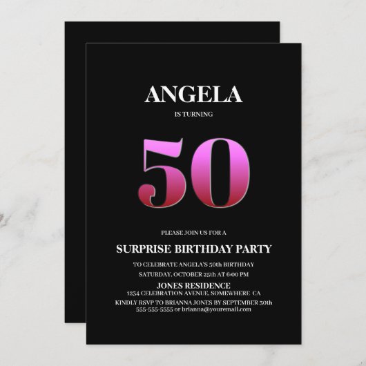 Invitation Black Pink Surprise 50e anniversaire (Devant / Derrière)