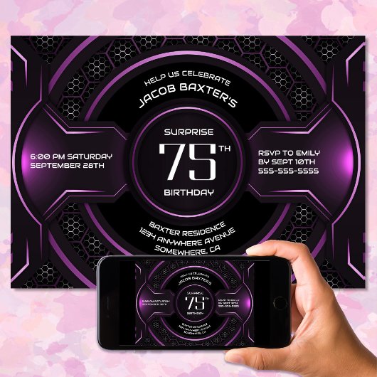 Invitation Black Pink Surprise 75e fête d'anniversaire