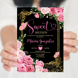 Invitation Black Pink Sweet Seize Or Gold 16e Anniversaire Fi