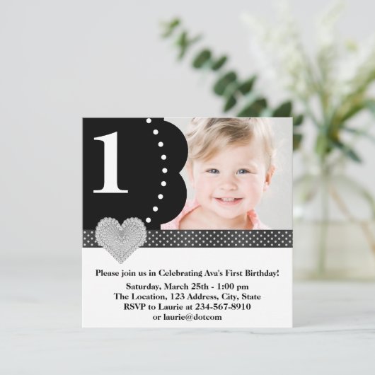 Invitation Black Polka Dot Girls Photo 1er Anniversaire (Debout devant)