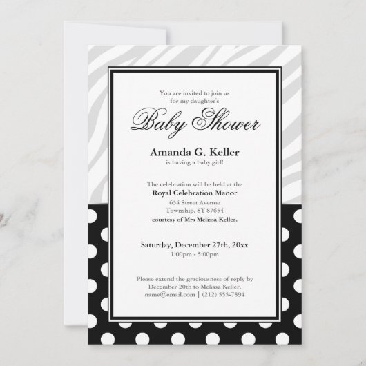 Invitation Black Polka Dot Zebra Imprimer Baby shower Invitat (Devant)