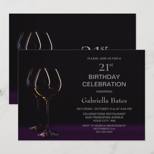 Invitation Black Purple 21e Anniversaire Vin Glass Party (Devant / Derrière)