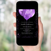 Invitation Black purple balloons birthday 