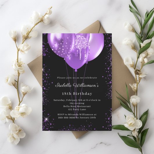 Invitation Black purple balloons birthday 