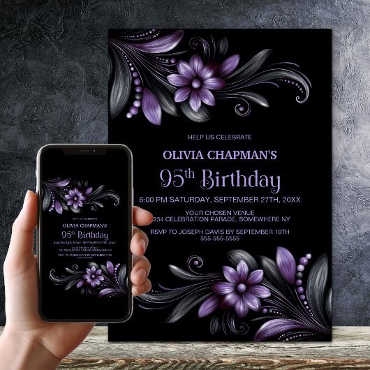 Invitation Black Purple Floral 95th Birthday Party