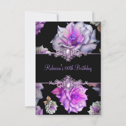 Invitation Black Purple Floral Anniversaire Party Pearl Image (Devant)