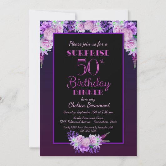 Invitation Black Purple Floral Surprise 50e Anniversaire Dîne (Devant)