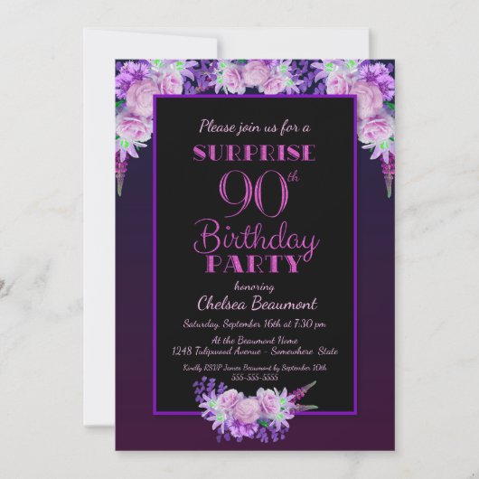 Invitation Black & Purple Floral Surprise 90e fête d'annivers (Devant)