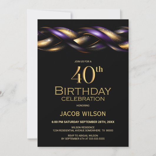 Invitation Black Purple Gold 40e fête d'anniversaire (Devant)