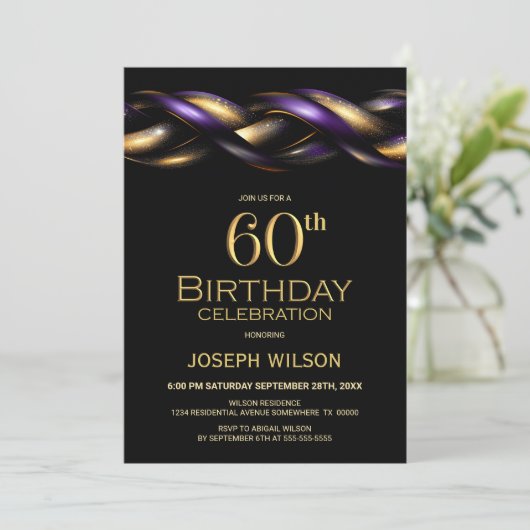 Invitation Black Purple Gold 60e fête d'anniversaire (Debout devant)