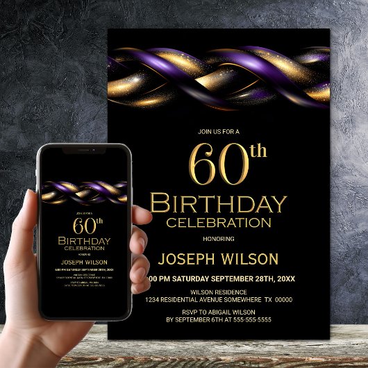 Invitation Black Purple Gold 60e fête d'anniversaire