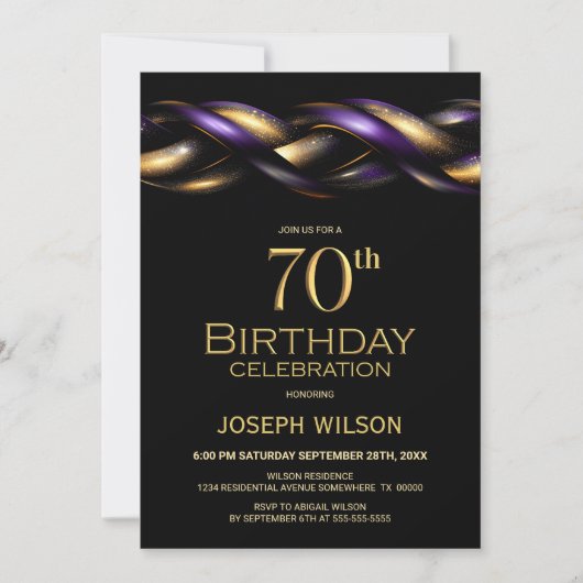 Invitation Black Purple Gold 70e fête d'anniversaire (Devant)