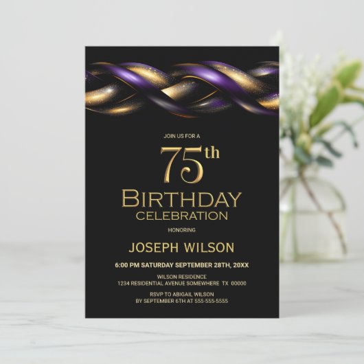 Invitation Black Purple Gold 75e fête d'anniversaire (Debout devant)