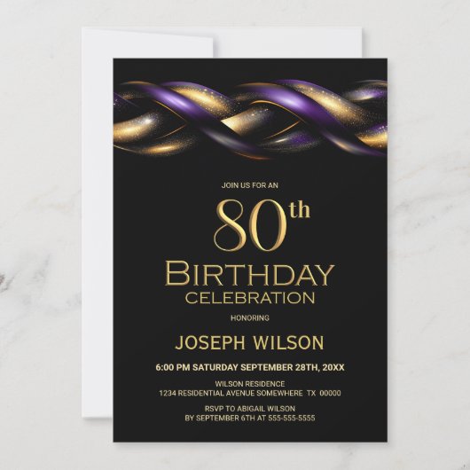Invitation Black Purple Gold 80e fête d'anniversaire (Devant)
